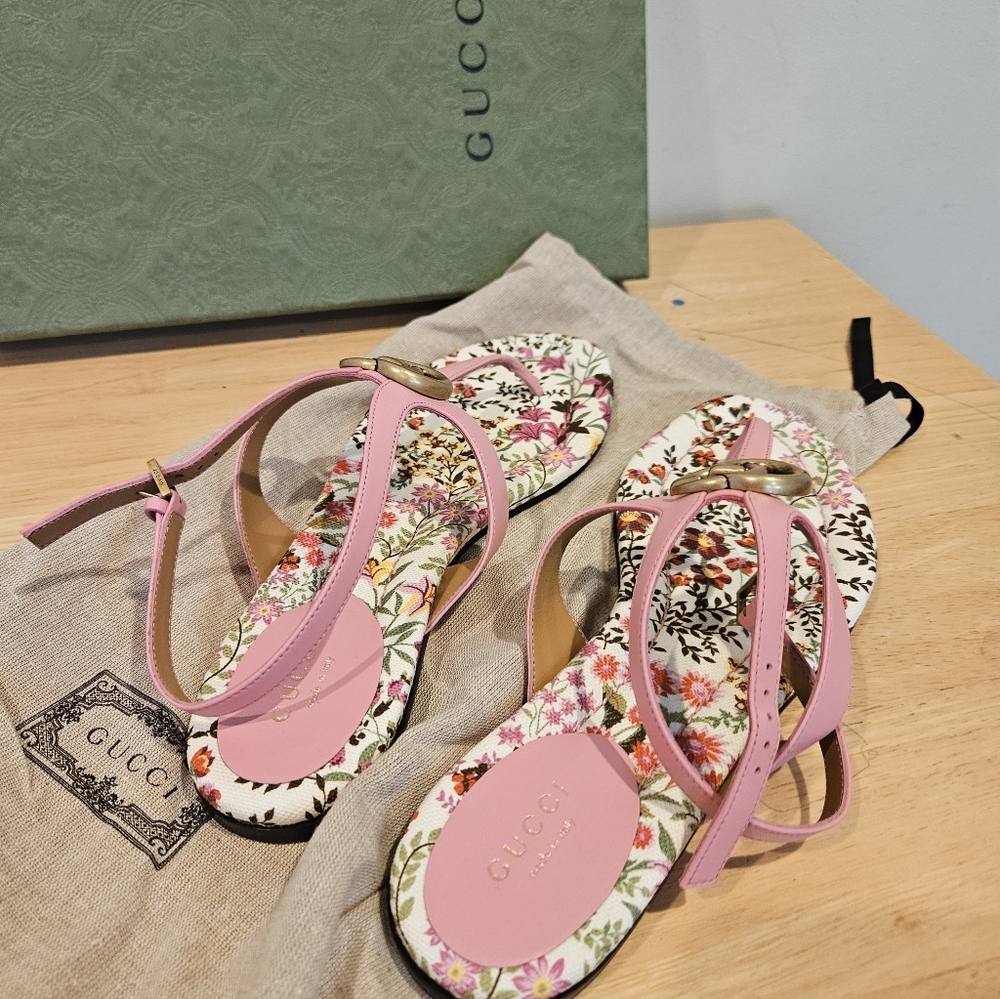 NWT$790 GUCCI Double G Marmont Floral Leather Thong Flat Sandal Slides Sz 39 - Picture 4 of 9